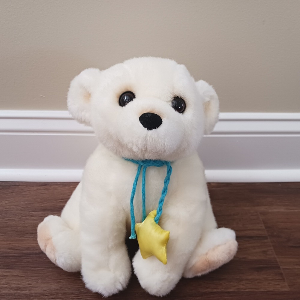 Gina White Polar Bear Plush Stuffed Animal 12 inch Blue Cord Yellow Star Seated